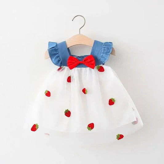 Strawberry Summer Dress for Baby Girls – Embroidered A-Line Outfit - Pocketful Of Hugs