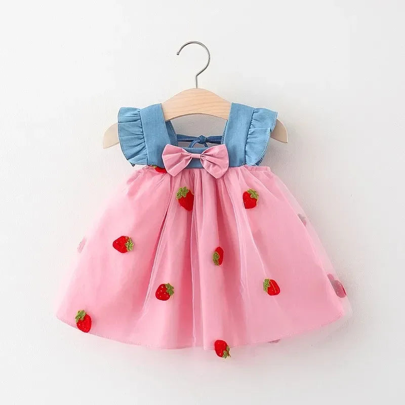 Strawberry Summer Dress for Baby Girls – Embroidered A-Line Outfit - Pocketful Of Hugs