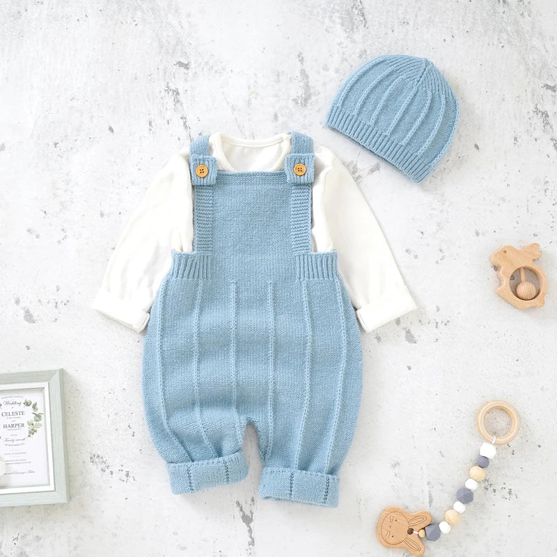 Knitted Baby Romper & Hat Set – Unisex Winter Outfit for Newborns - Pocketful Of Hugs